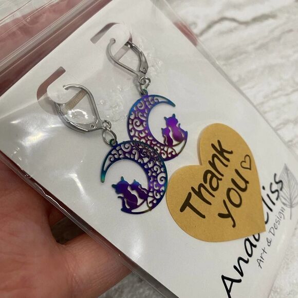 Anadeliss Handmade Crescent Moon Cats Rainbow Steel Etched Earrings Halloween - Picture 5 of 9